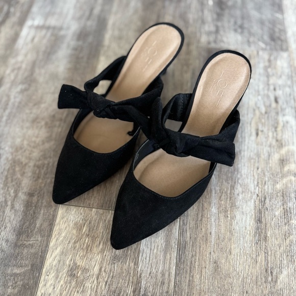 LOFT Faux Suede Mule Kitten Heels with Bow Detail - Black - Picture 1 of 7